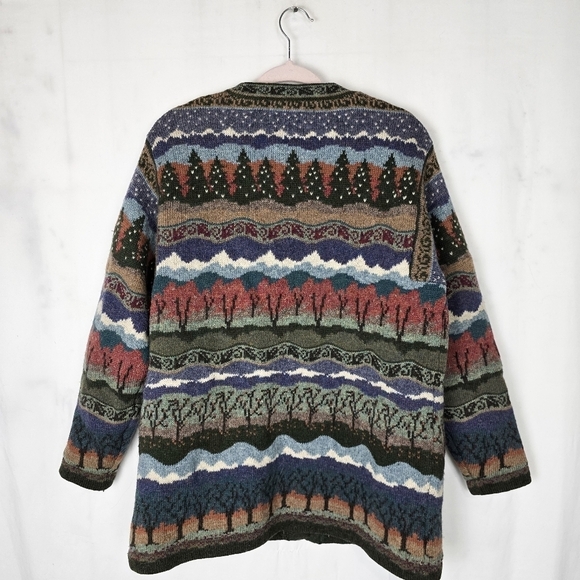 Vintage Icelandic Design Wool Woodland Intarsia Knit Sweater Cardigan Jacket - Picture 2 of 9